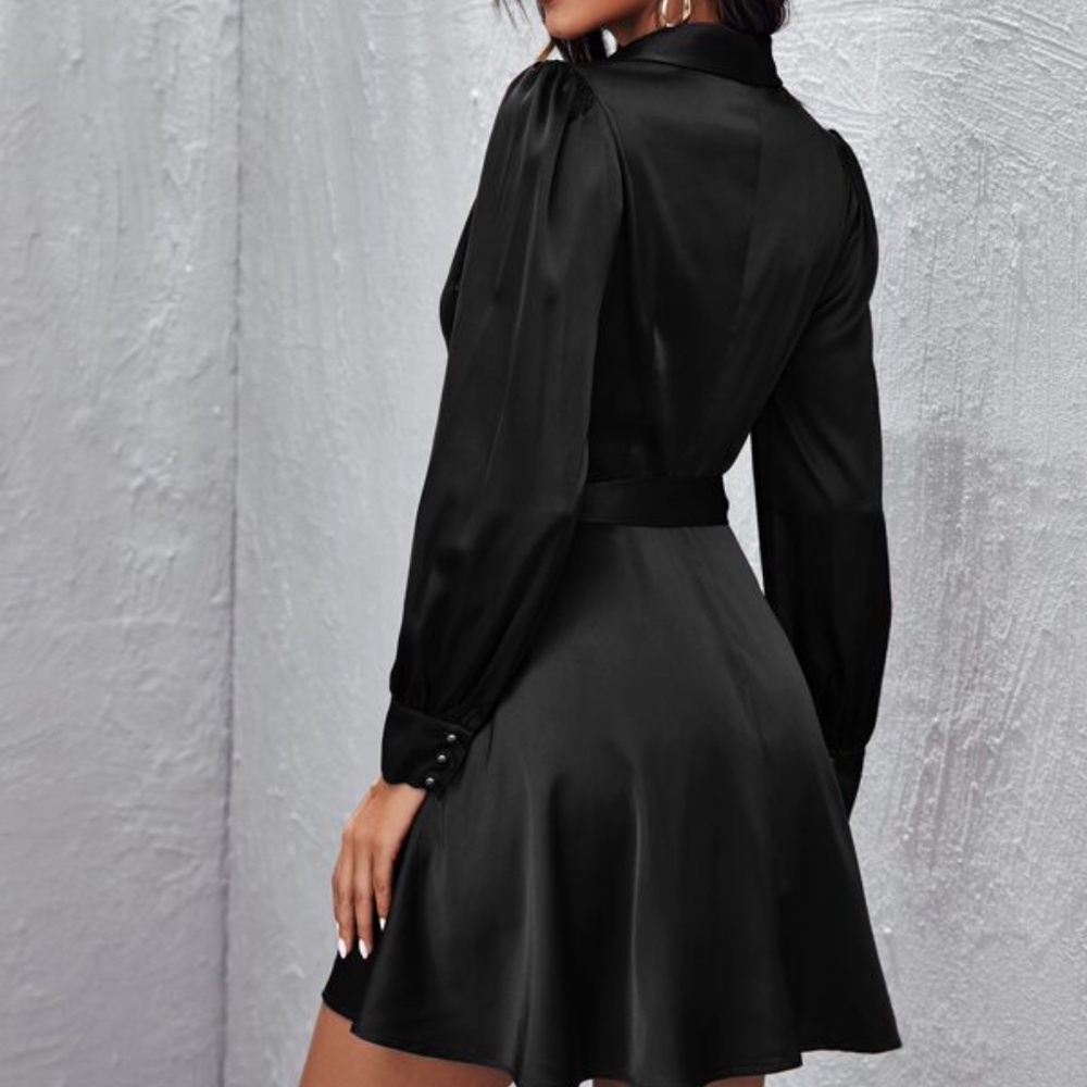 V neck Hunter Green satin long sleeve ruffle dress Party - Picture 7 of 8